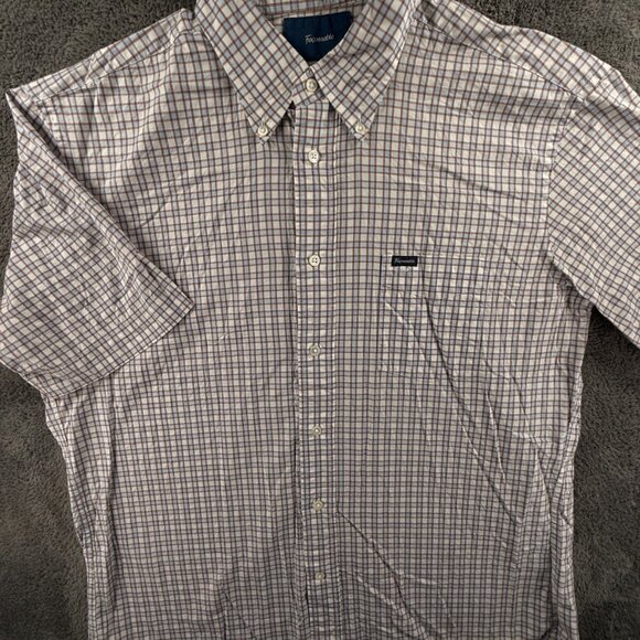Faconnable Short Sleeve Button Up Shirt Men Cotton XL Classique Blue Brown Check - Picture 2 of 10